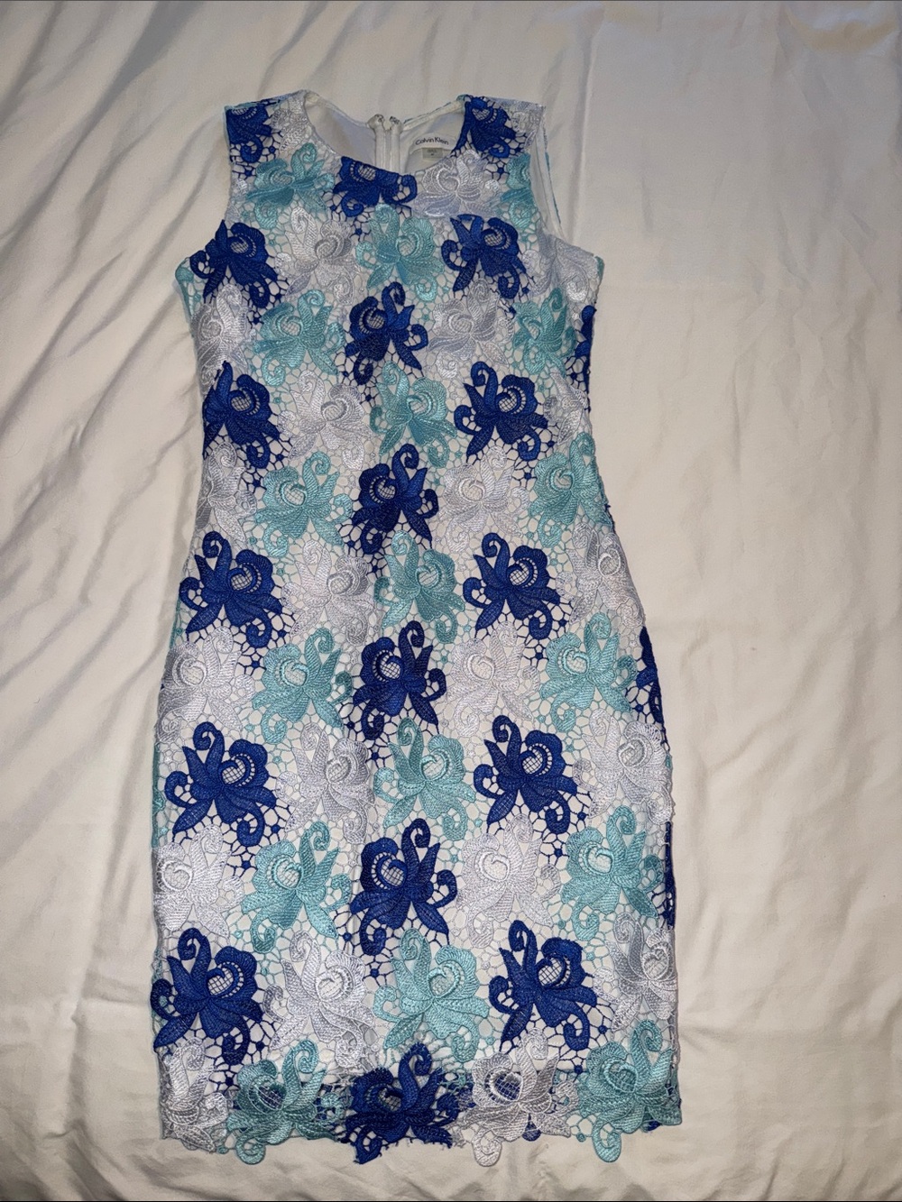 Calvin Klein White Lace Midi Dress with Blue & Aqua Floral Overlay